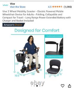 Vive 3 Wheel Mobility Scooter Electric Powered Mobile Compact Wheelchair