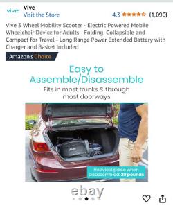 Vive 3 Wheel Mobility Scooter Electric Powered Mobile Compact Wheelchair