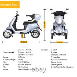 Scooter de mobilité électrique à 4 roues 1000W tout terrain pour seniors à 3 vitesses