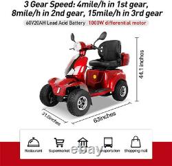 Scooter de mobilité électrique à 4 roues, moteur de fauteuil roulant de 1000W 60V 20AH pour seniors